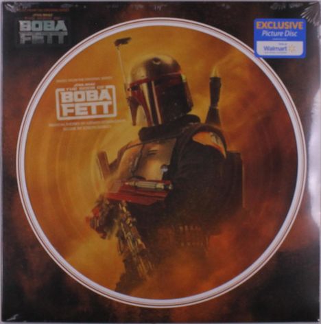 Exklusive Picture Disc von Walmart. Titel: "The Book of Boba Fett". Illustration von Boba Fett in orange-rotem Hintergrund.