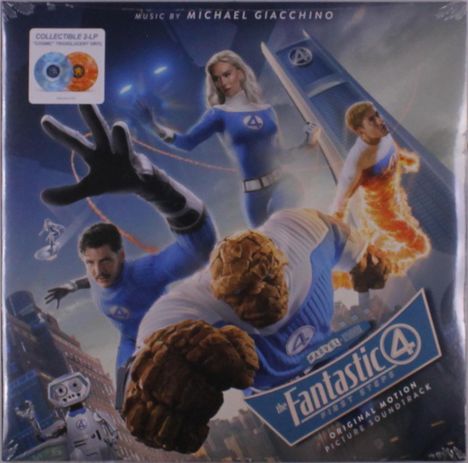 "Fantastic 4 Original Motion Picture Soundtrack" Logo, vier Helden in blauen Anzügen in dynamischen Posen vor einer Stadt.
