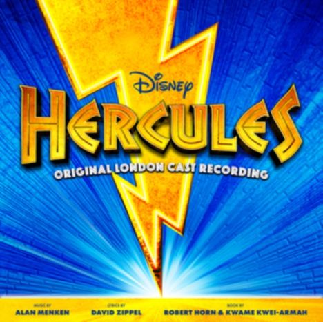 "Disney Hercules Original London Cast Recording" in kräftigem Gelb-Blau. Ein großer Blitz dominiert die Mitte.