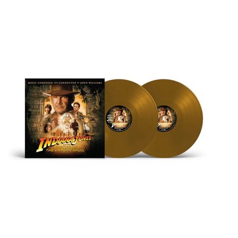 "Indiana Jones and the Kingdom of the Crystal Skull", zwei goldene Schallplatten, Abbildung eines Abenteuerfilms.