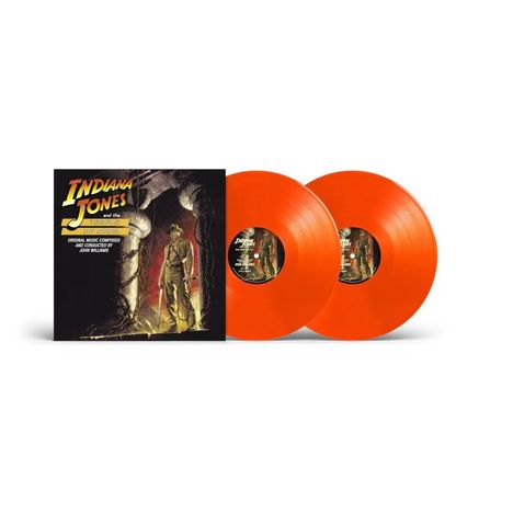 Text: "Indiana Jones and the Temple of Doom", "Original Music Composed and Conducted by John Williams". Zwei orangefarbene Schallplatten.