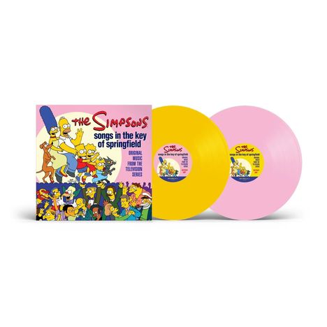 "The Simpsons: Songs in the Key of Springfield" auf gelber und pinker Schallplatte. Cartoon-Charaktere sind zu sehen.
