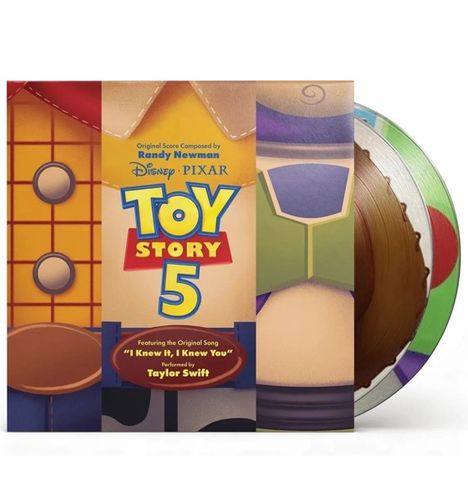 Original Score von Randy Newman, "TOY STORY 5", Song von Taylor Swift. Illustration im Spielzeugstil.