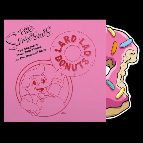 "The Simpsons", "Main Title Theme", "The Monorail Song", "Lard Lad Donuts". Ein Comicfigurenjunge hält einen riesigen Donut.