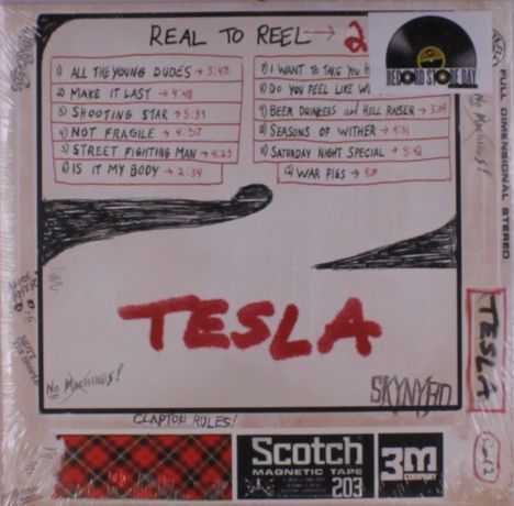 Real to Reel 2. Titel: All The Young Dudes, Make It Last. Groß "TESLA" in Rot. Randtexte: No Machines!, CLAPTON RULES.