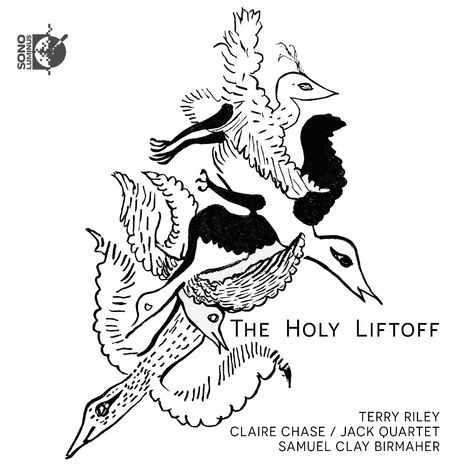 "THE HOLY LIFTOFF" und Namen unten. Illustration von Vögeln im Flug, stilisiert in Schwarz-Weiß.