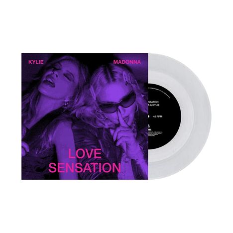 Text: KylIE, MADONNA, LOVE SENSATION. Zwei Personen in lila Licht, entspannt posierend, neben einer transparenten Vinyl-Schallplatte.