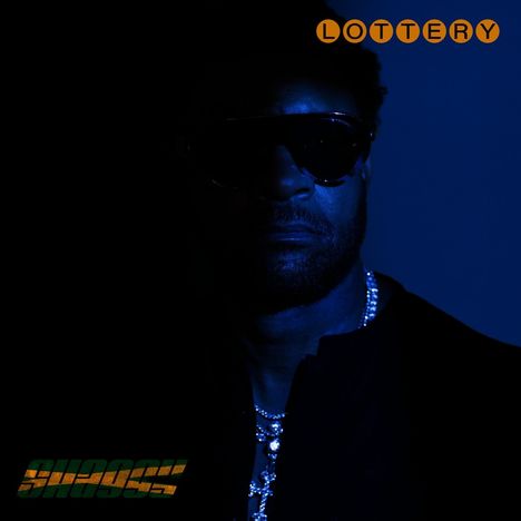 Oben steht "LOTTERY", unten "SHAGGY". Rechte Gesichtshälfte eines Mannes in Dunkelheit mit Sonnenbrille.