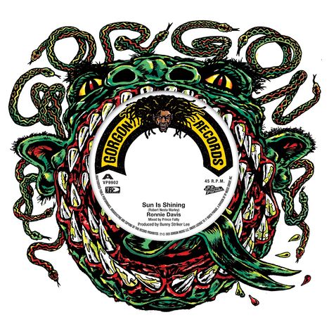 „Sun Is Shining“ von Ronnie Davis, gemischt von Prince Fatty. Buntes, monstermäßiges Gorgon Records-Logo.