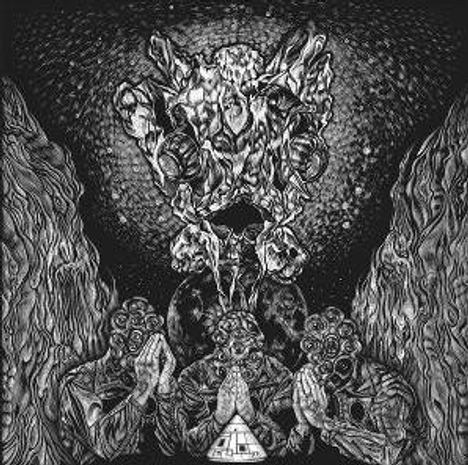 Dieses Werk zeigt drei Figuren mit Gasmasken, die beten. Über ihnen schwebt eine abstrakte, monströse Gestalt.