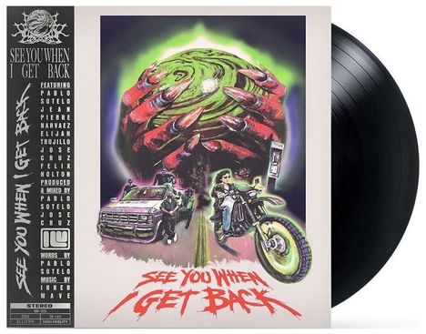 Text: "SEE YOU WHEN I GET BACK" mit Künstler- und Produzentennamen. Illustration: Eine große Hand greift nach einem Planeten.