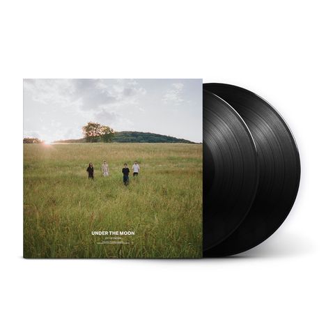 Text: "UNDER THE MOON". Vier Personen gehen durch ein weites, grünes Feld im Sonnenuntergang, zwei Schallplatten sind sichtbar.