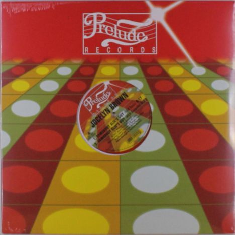 "Prelude Records" oben, "Jocelyn Brown" auf einer Schallplatte in der Mitte. Bunter Disco-Hintergrund in Rot, Gelb, Grün.