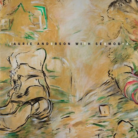 „LAURIE ANDERSON WITH SEXMOB-X“. Dynamische, abstrakte Linien und Farbtöne in Braun und Grün.