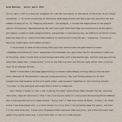 Brad Mehldau (geb. 1970): Suite: April 2020, LP
