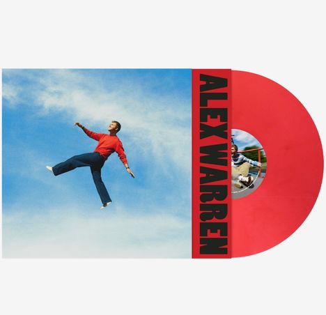 Text: "ALEX WARREN". Eine Person in rotem Pullover springt in blauem Himmel, im Hintergrund rotes Vinyl mit Fotoausschnitt.
