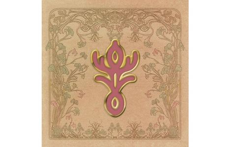 Goldene florale Ornamente auf blassrosa Hintergrund mit stilisiertem, rotem Symbol in der Mitte. Art Nouveau-Stil.