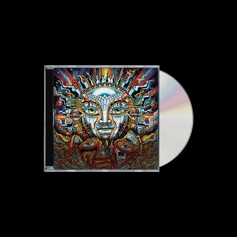 Eine CD mit farbenfroher Illustration: ein stilisiertes Gesicht mit grünen Augen, umgeben von abstrakten Mustern.