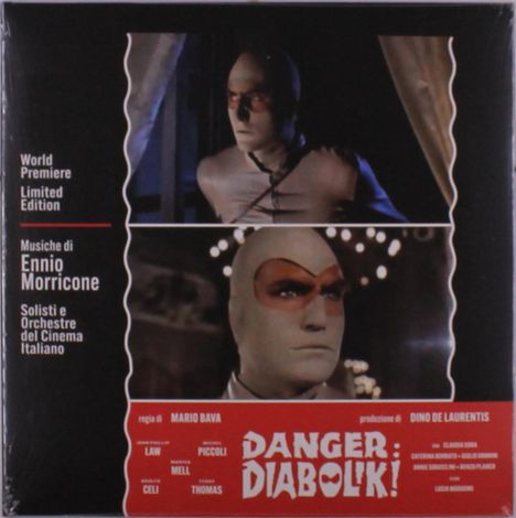 Links: "World Premiere Limited Edition", "Musiche di Ennio Morricone". Unten: "DANGER: DIABOLIK!". Zwei Szenen mit maskiertem Mann.