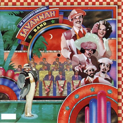 Text: "Dr. Buzzard's Original Savannah Band". Illustration von Menschen in farbenfroher, festlicher Umgebung.