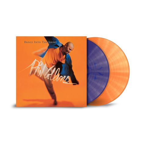 Text: "DANCE INTO THE LIGHT" und "Phil Collins". Ein Mann in Bewegung, bunter Hintergrund, zwei Schallplatten, orange und lila.