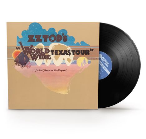 ZZ TOP'S "Worldwide Texas Tour" Album, brauner Western-Hintergrund, Schallplatte rechts mit blauem Label.