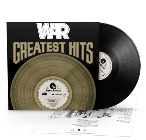 "Greatest Hits" und "WAR" auf einer schwarzen Schallplattenhülle mit einem goldenen Schallplattenmotiv.