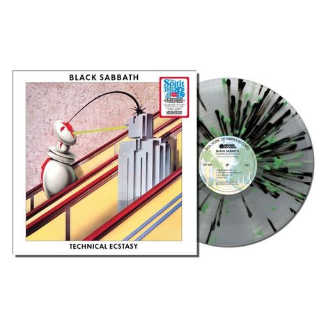 "Black Sabbath - Technical Ecstasy" auf einem Albumcover. Links eine abstrakte Illustration, rechts eine bunte Vinyl-Schallplatte.