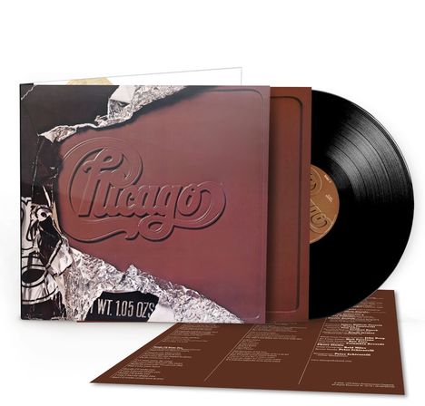 Logo „Chicago“, Text „WT. 1.05 OZ’S“. Ein Schallplattencover in Schokoladen-Optik mit Folienverpackung und Vinylplatte.