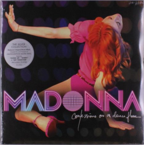 Auf dunklem Hintergrund tanzt eine Person in pink. Große, bunte Schrift sagt: "MADONNA" und "Confessions on a Dance Floor".