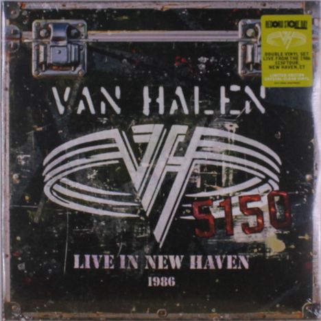 Text: "VAN HALEN", "LIVE IN NEW HAVEN", "1986", "5150". Vintage Kofferdesign mit Logo, abgenutzter Look.