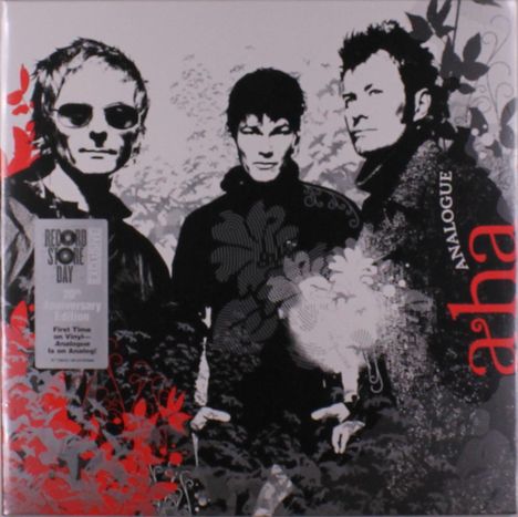 "RECORD STORE DAY", "Analogue", "a-ha". Drei Männer in Schwarz-Weiß mit floralem Muster, rote Akzente.