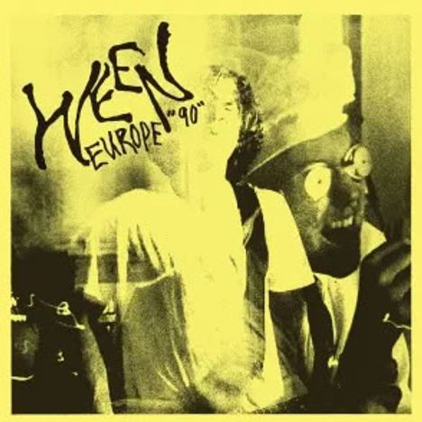 Text: "WEEN", "EUROPE '90". Gelber Hintergrund, kontrastreiches, überblendetes Foto von Musikern mit Gitarren.