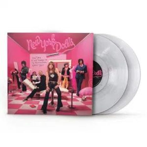 "New York Dolls" in stilisierter Schrift. Cover zeigt eine Band in einem pink gestylten Raum, zwei transparente Vinyl-Schallplatten.