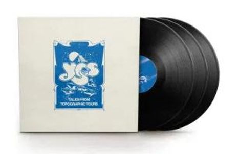 Text auf weißem Cover: "YES", darunter "Tales from Topographic Oceans". Vier schwarze Schallplatten daneben.