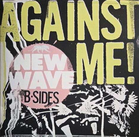 AGAINST ME! NEW WAVE B-SIDES in gelb und rosa auf schwarzem Hintergrund mit abstraktem Design.