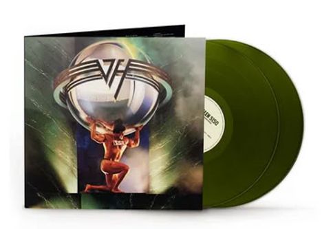 Ein muskulöser Mann hält eine Kugel mit einem geflügelten "VH"-Logo; daneben zwei grüne Schallplatten.