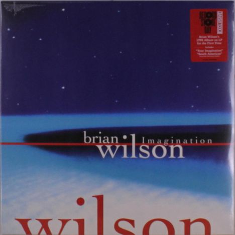 "Brian Wilson Imagination" in weißer Schrift auf einem blauen Hintergrund mit Sternen. Ein roter Aufkleber oben rechts.