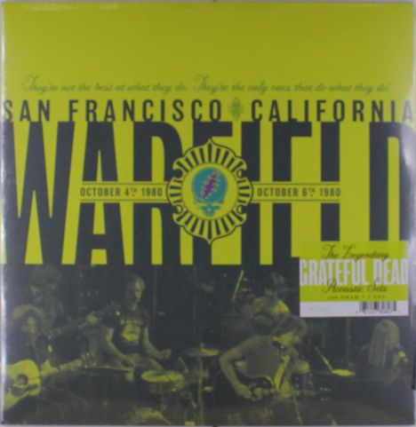 Text "SAN FRANCISCO CALIFORNIA WARFIELD OCTOBER 4-6 1980 GRATEFUL DEAD". Gelbes Layout mit Musikern im Hintergrund.