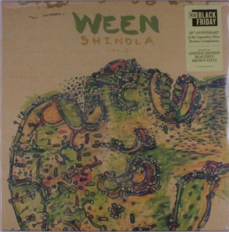 „WEEN SHINOLA VOL. 1“ in grünen und gelben Buchstaben. Illustration in bunten, abstrakten Formen.