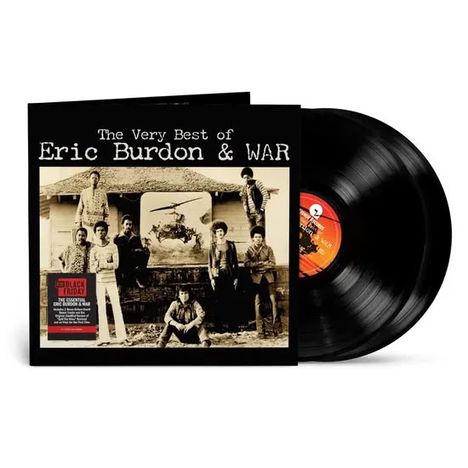 "The Very Best of Eric Burdon & WAR" steht oben, Schwarzweißfoto von Musikern, Schallplatte sichtbar.