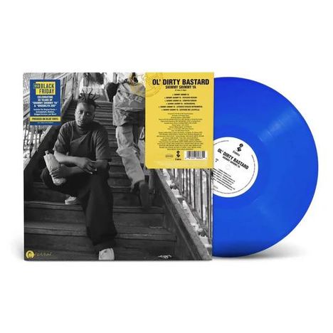 Text: "Ol' Dirty Bastard, Shimmy Shimmy Ya". Eine blaue Vinyl-Schallplatte neben einem Cover von Personen auf Treppen.