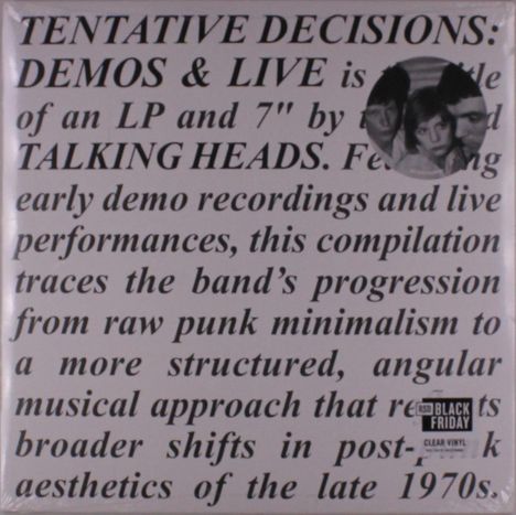 Text: "TENTATIVE DECISIONS: DEMOS & LIVE" by TALKING HEADS. Schwarz-weiße Schrift, kleine Porträtbilder.