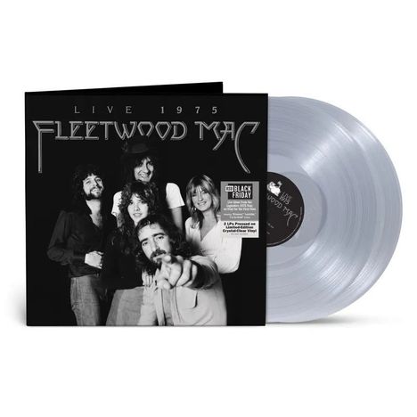 "Live 1975 Fleetwood Mac" Titel auf schwarz-weißem Plattencover. Bandmitglieder lächeln, durchsichtige Vinyl-Schallplatte.
