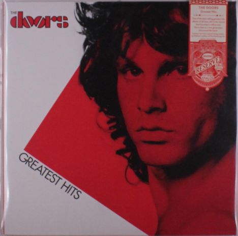 „The Doors Greatest Hits“; stilisierter roter Porträt von einem Mann auf weißem Hintergrund.