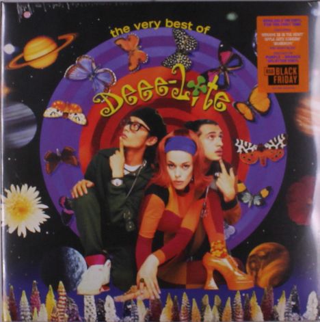 "the very best of Deee-Lite" steht oben. Drei Personen, bunte Schmetterlinge, Planeten und psychedelische Muster.