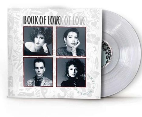 "BOOK OF LOVE" steht oben. Vier Porträts: zwei Frauen oben, ein Mann und eine Frau unten. Eine transparente Vinylplatte.
