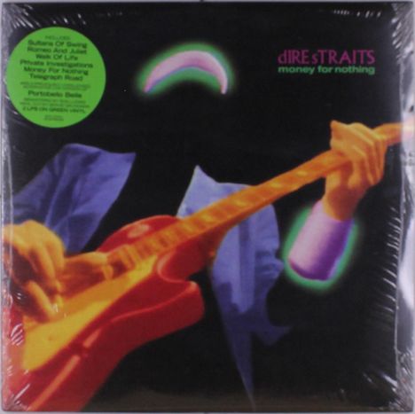 Der Text oben rechts lautet „Dire Straits money for nothing“. Ein neonfarbiger Gitarrist mit farbigen Umrissen ist zu sehen.