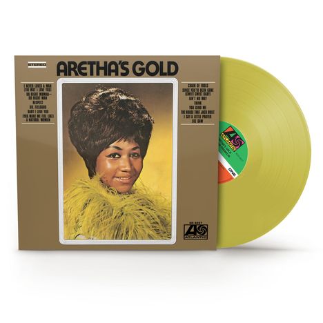"ARETHA'S GOLD" Albumcover, gelbe Schallplatte, Porträt einer Frau mit gelbem Federboa und Afro-Frisur.
