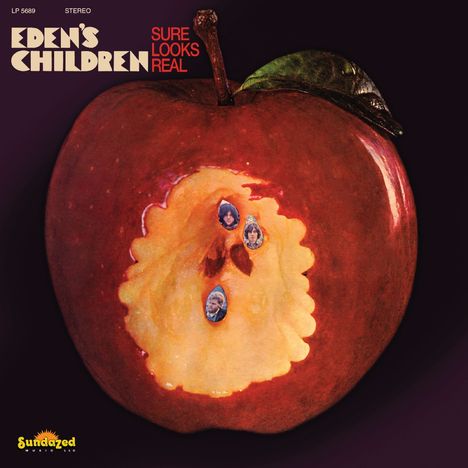 Text: "EDEN'S CHILDREN", "SURE LOOKS REAL". Eine Illustration eines roten Apfels, der innen drei Gesichter zeigt.